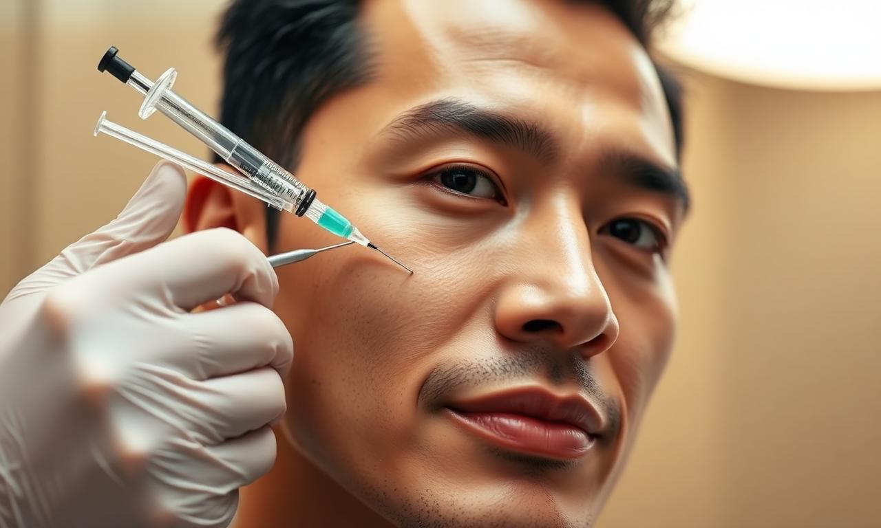 SMC-registered doctor placing cheek dermal filler on a male patient at Hisential, Orchard.