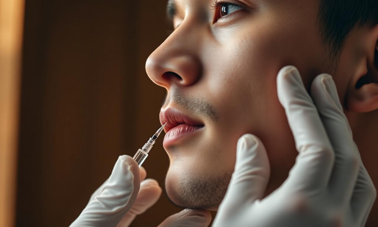 Doctor reinforcing male jawline with hyaluronic acid filler in profile view.