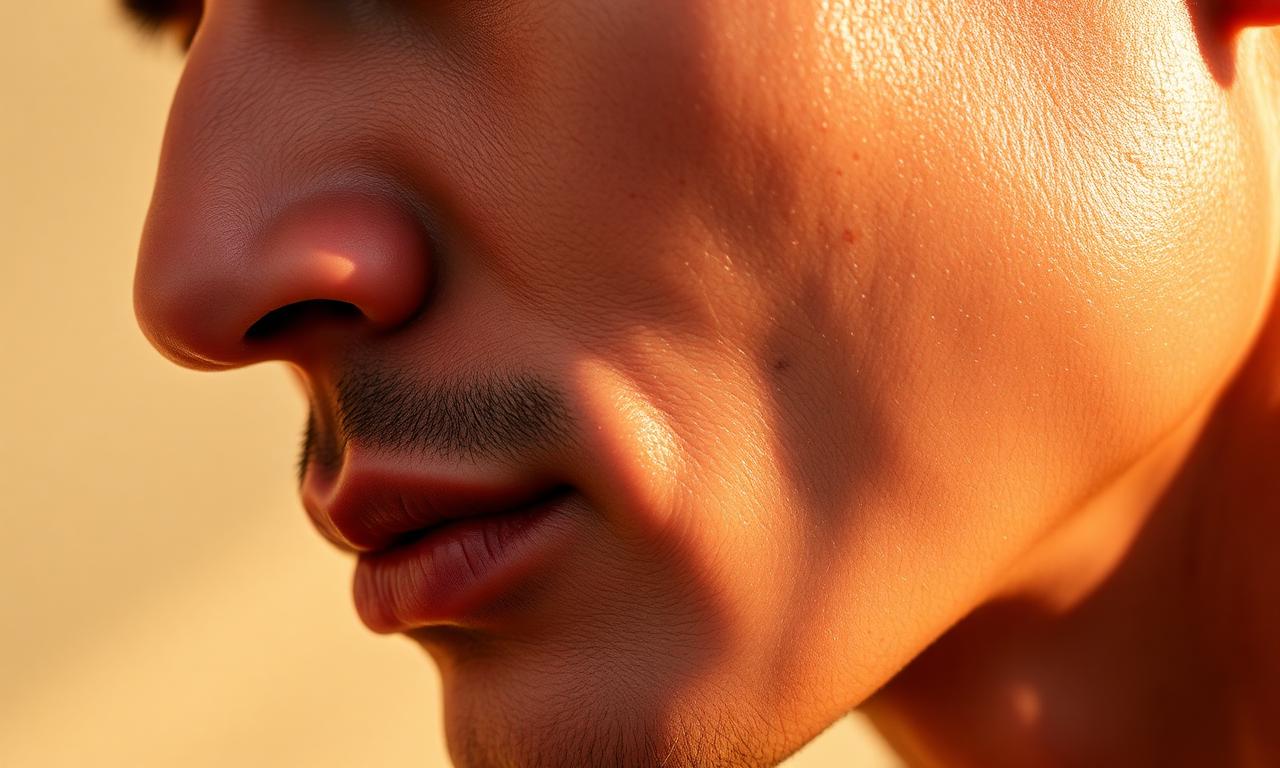 Close-up of healthy hydrated male skin texture after a course of skin boosters.