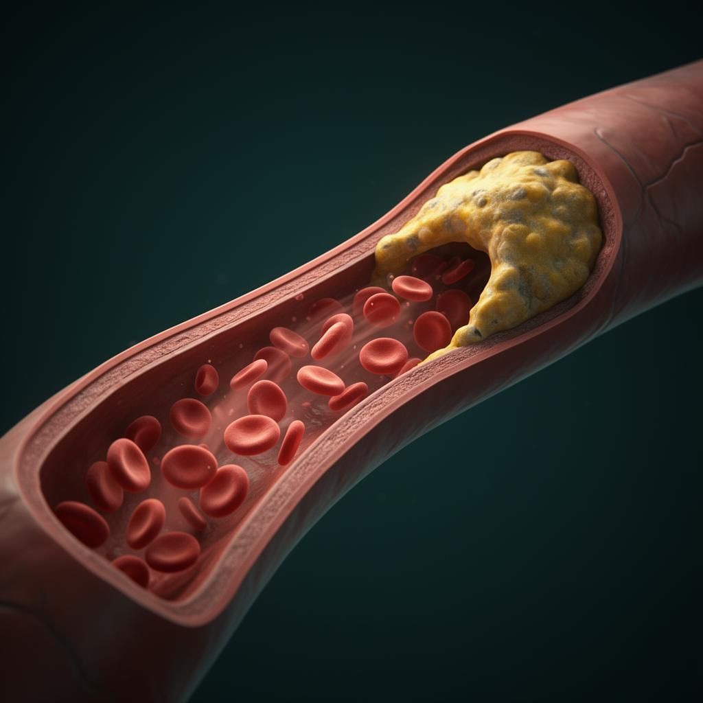 Cutaway of a coronary artery partially blocked by atherosclerotic plaque, with red blood cells flowing through the narrowed channel - CT coronary imaging.