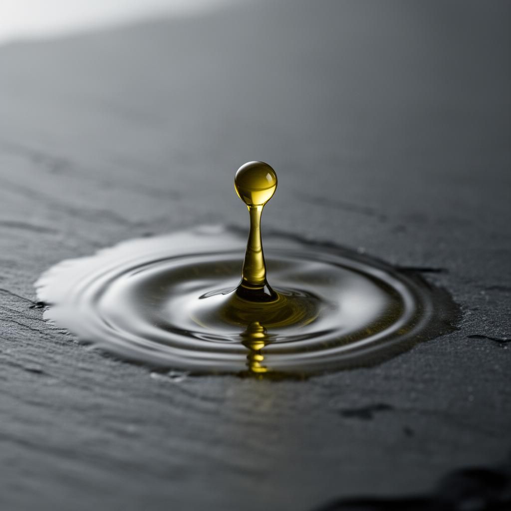 Macro of a golden olive-oil droplet releasing into clear water on dark slate - lipid management metaphor.