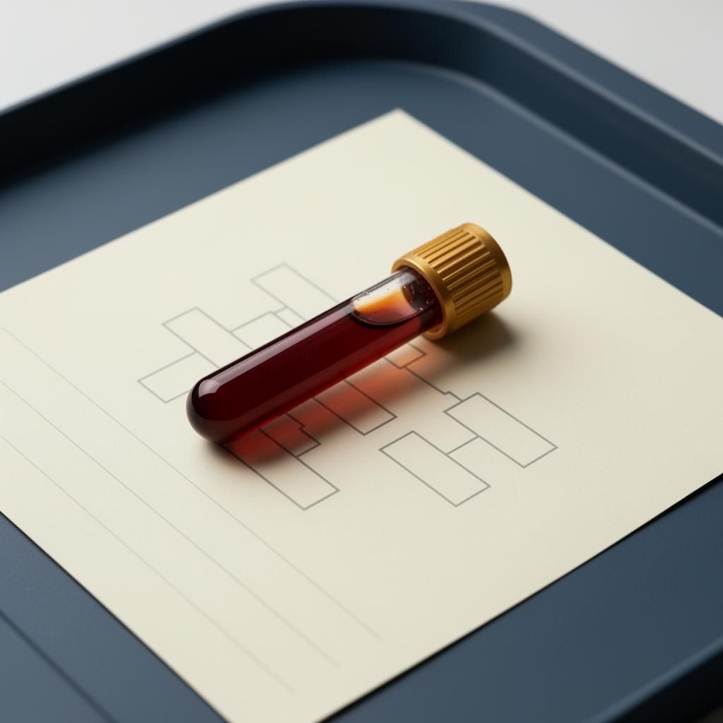 Single blood collection tube with gold cap resting on a blank lab form with a family-tree diagram - Lp(a) is inherited.