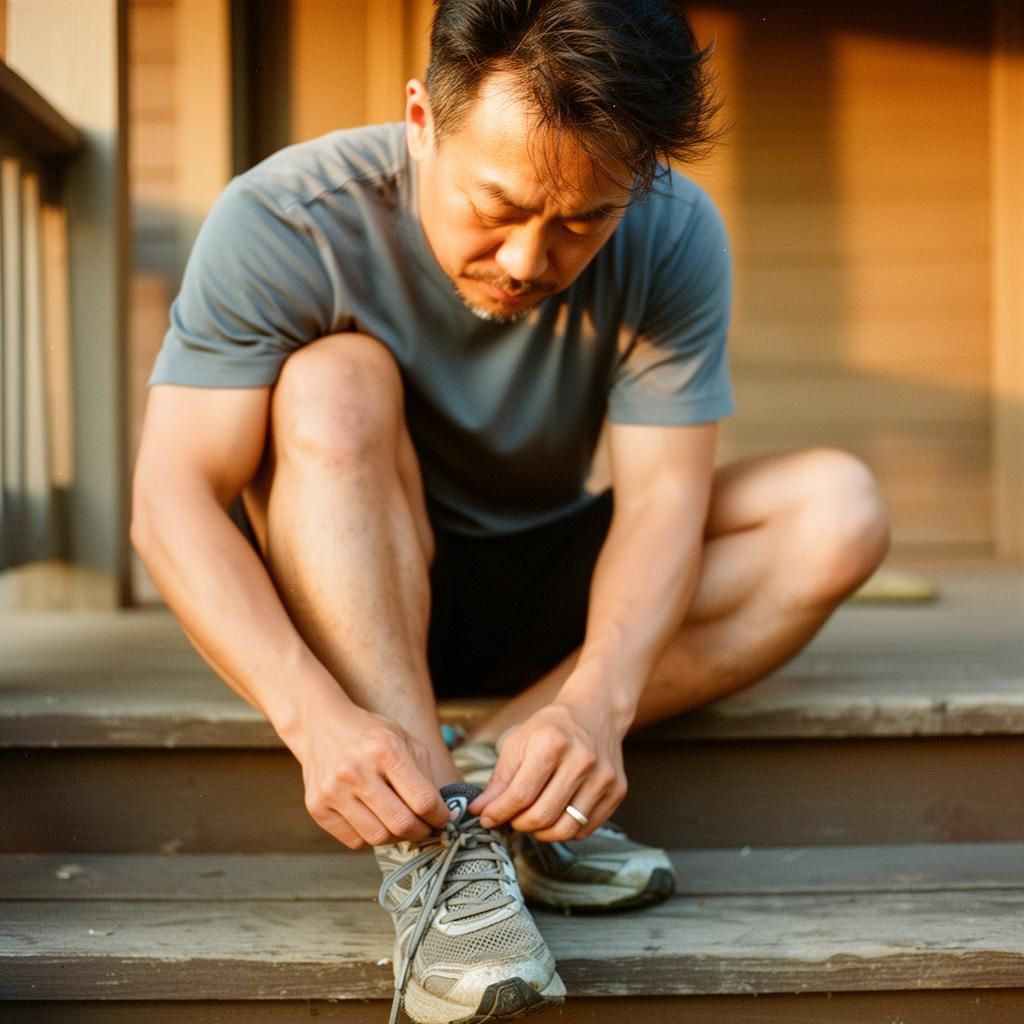 Documentary photograph of a pan-Asian man lacing his running shoes at golden hour - lifestyle and metabolic foundations for erectile function.