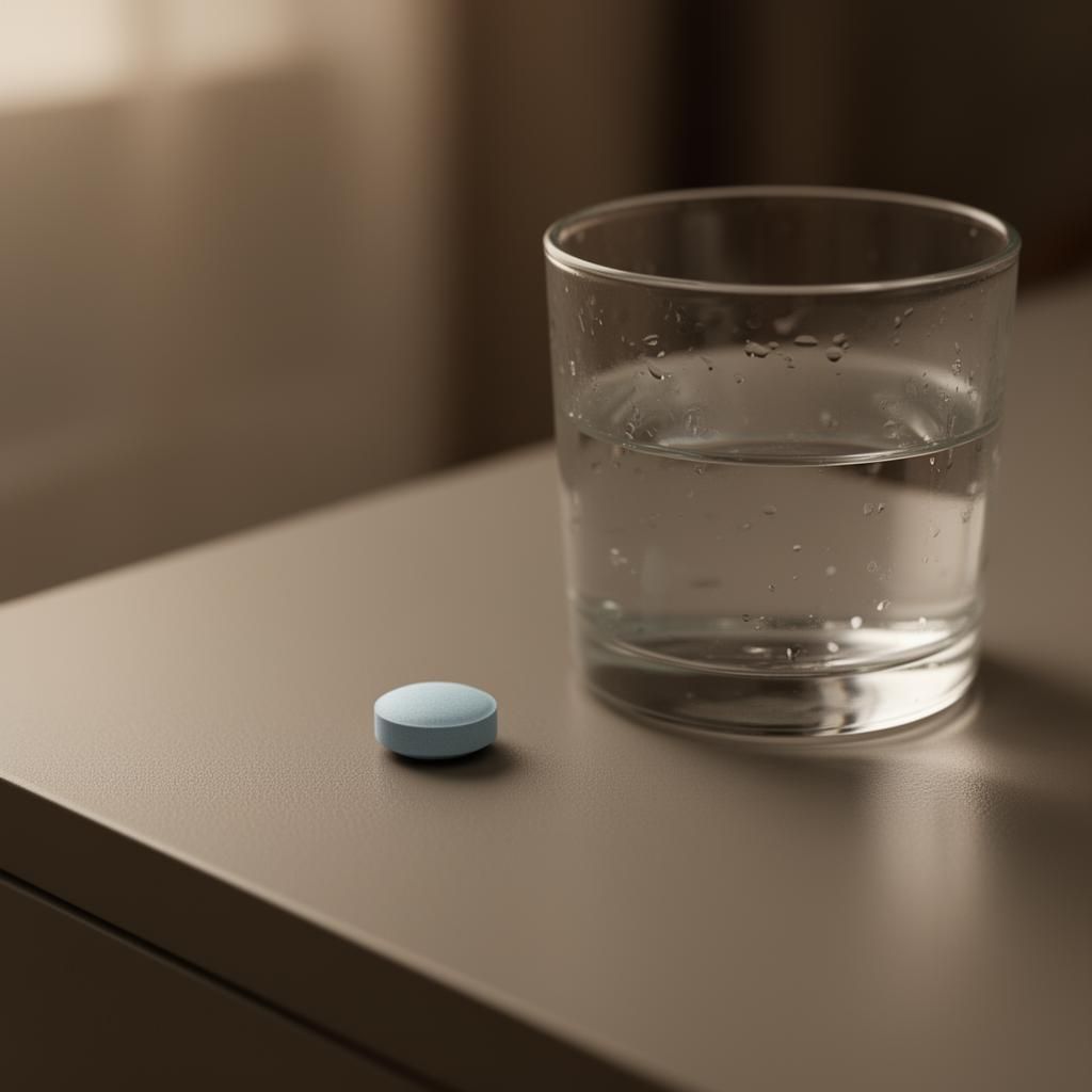 Small pale-blue tablet beside a glass of water on a matte bedside surface - PDE5 inhibitor therapy for erectile dysfunction.