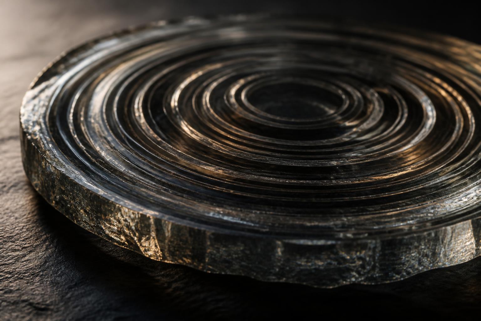 Abstract macro still life: concentric rings cut into clear glass, standing in for a polycaprolactone injectable with duration-graded variants.