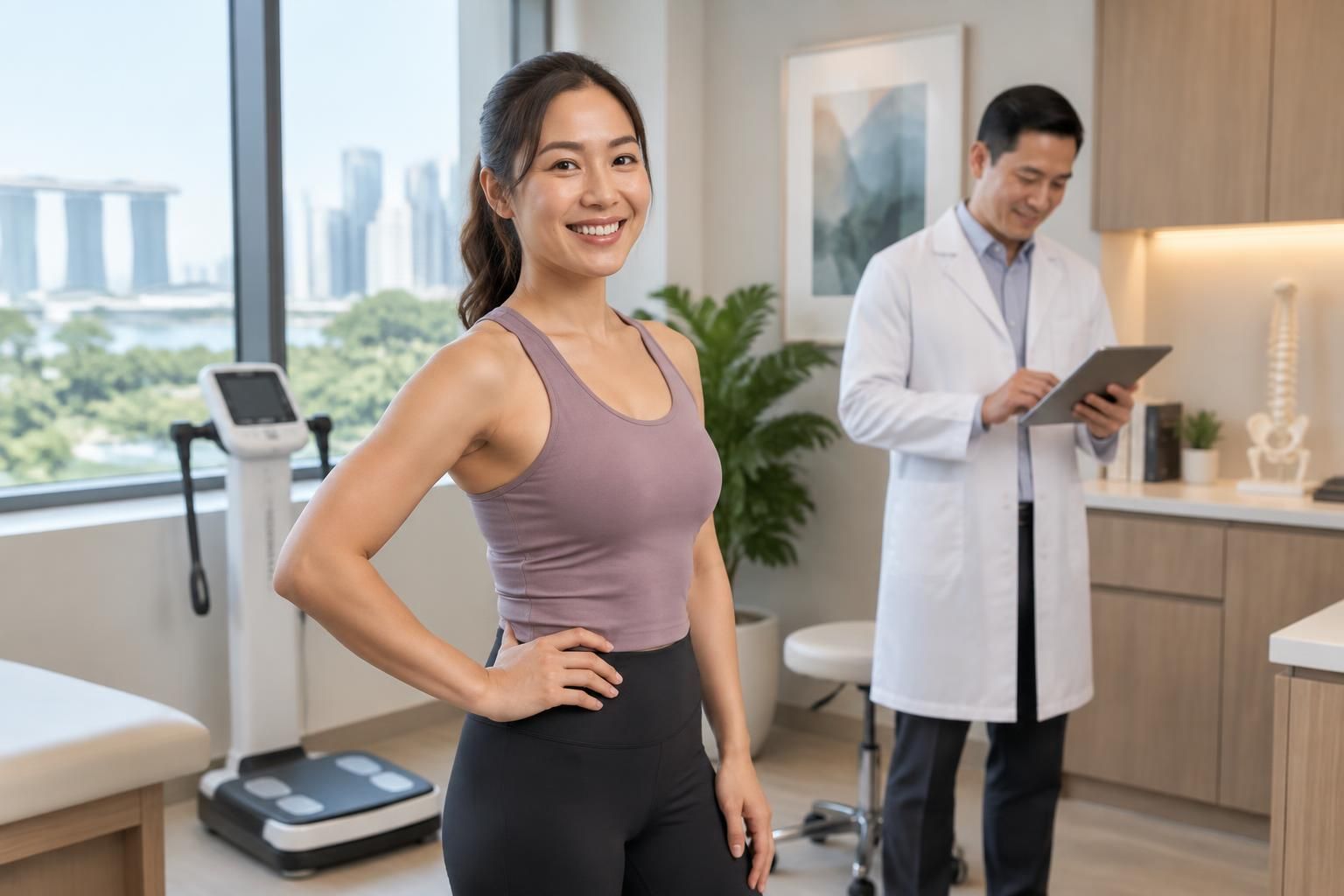 Patient in activewear with a doctor during a weight-management review in Singapore