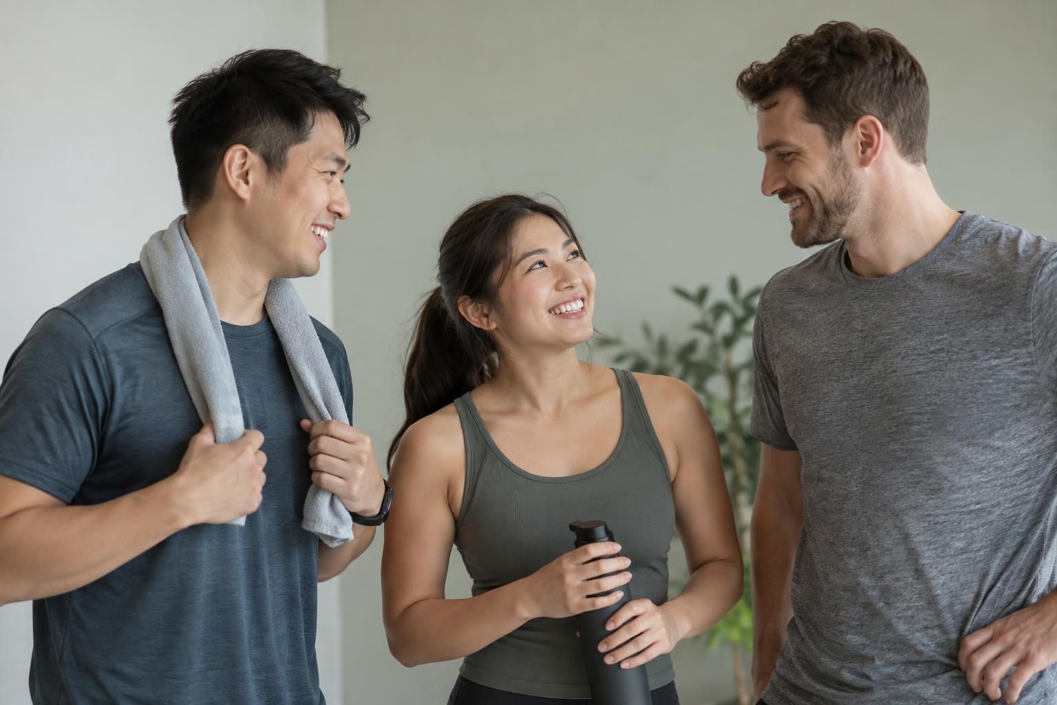Three adults in activewear supporting each other during a healthy lifestyle session in Singapore