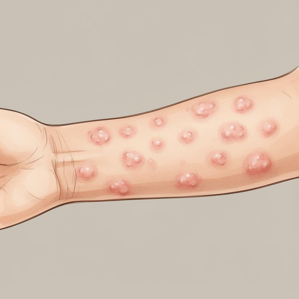 Illustration of an acute hepatitis B urticarial rash on a forearm - raised pale-pink wheals.
