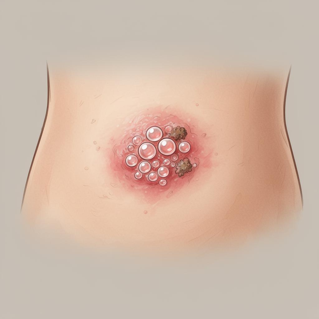 Illustration of a genital herpes outbreak - clustered clear vesicles on a red base, some lightly crusted.