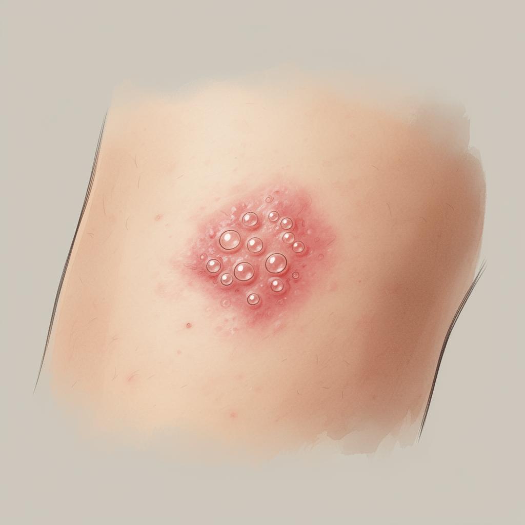 Illustration of a herpes simplex outbreak - clustered clear vesicles on a pink erythematous base.