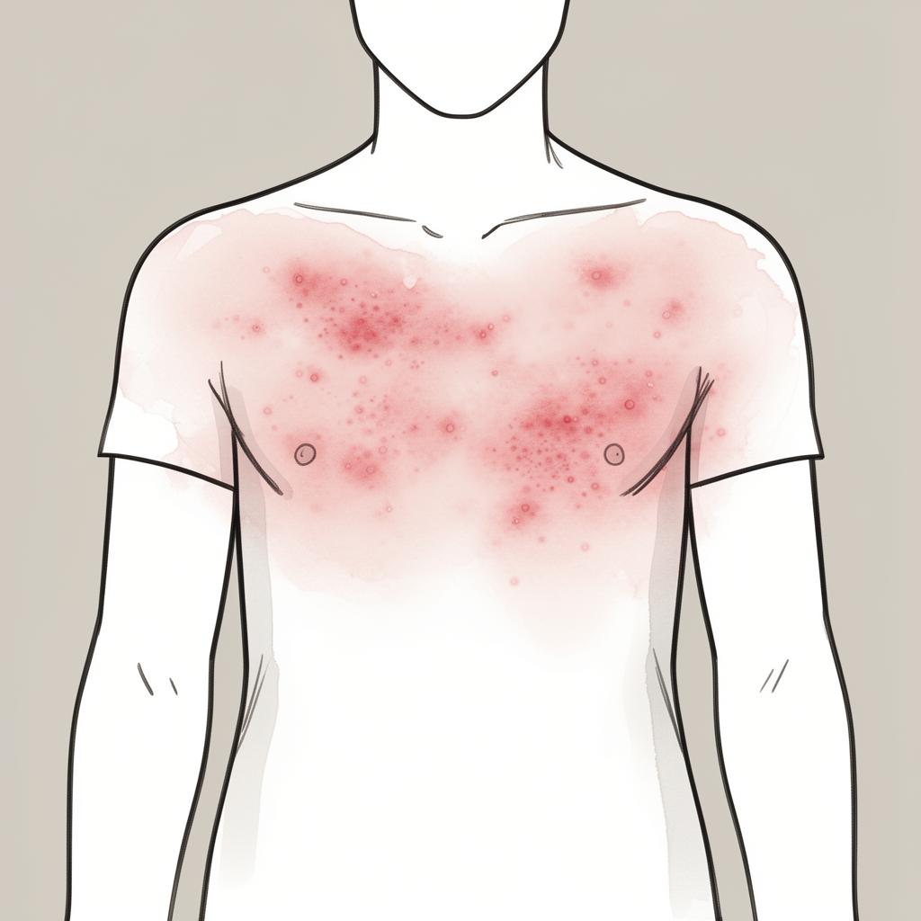 Illustration of acute HIV seroconversion rash - diffuse pink maculopapular spots across the chest and upper trunk.
