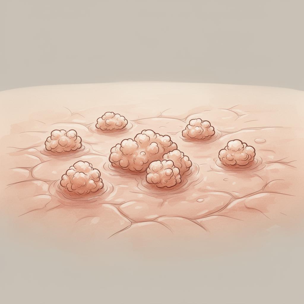 Illustration of HPV genital warts - soft cauliflower-like flesh-coloured papules clustered on skin.