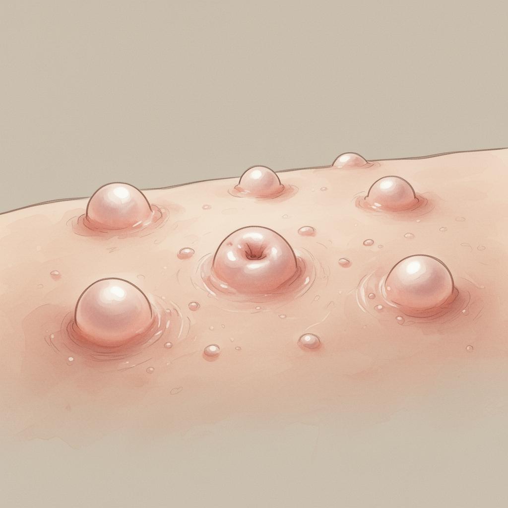 Illustration of molluscum contagiosum - pearly dome-shaped papules with central umbilication on skin.