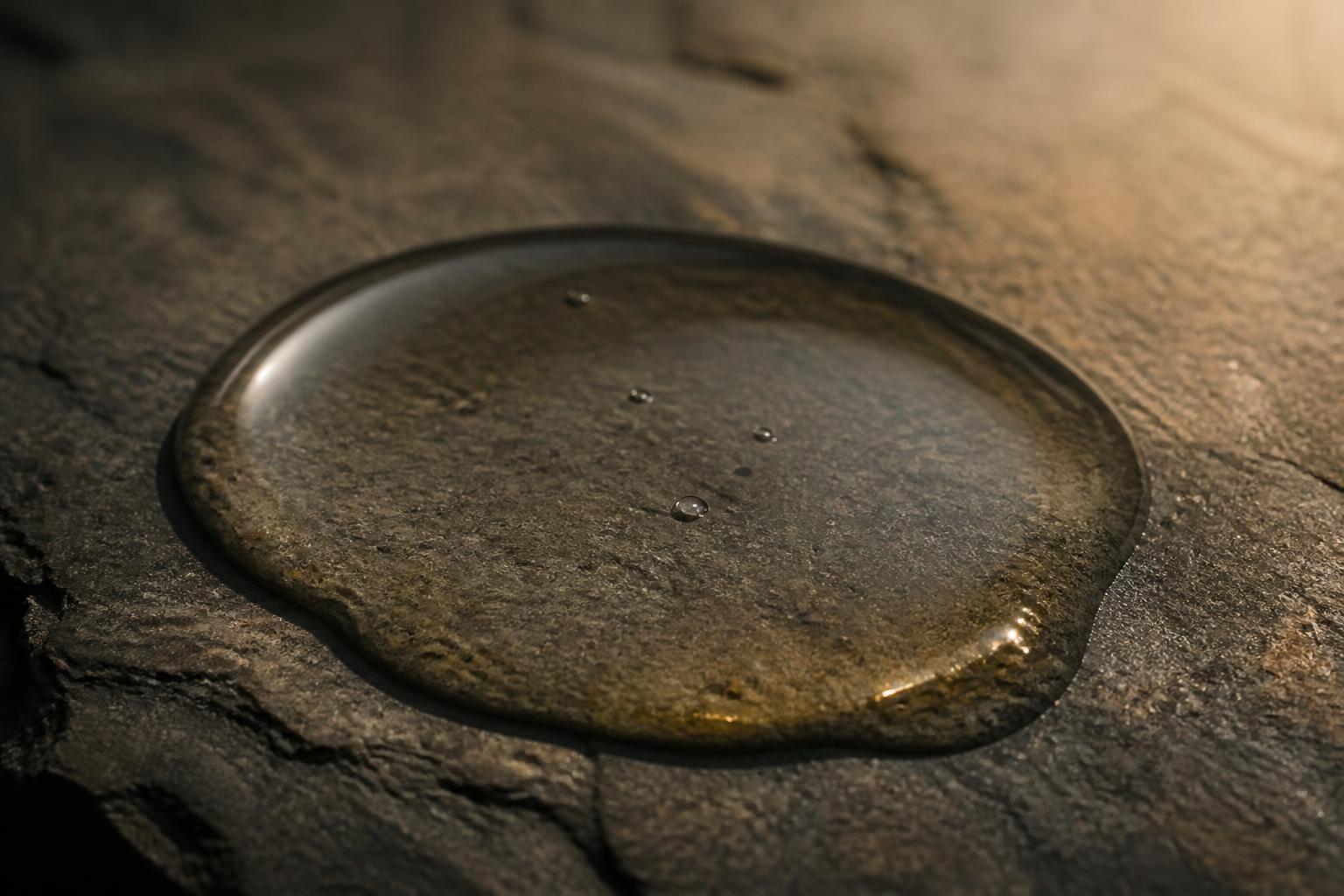 Abstract macro still life: a large clear droplet spreading slowly across warm neutral stone, standing in for a bio-remodelling hyaluronic acid treatment.