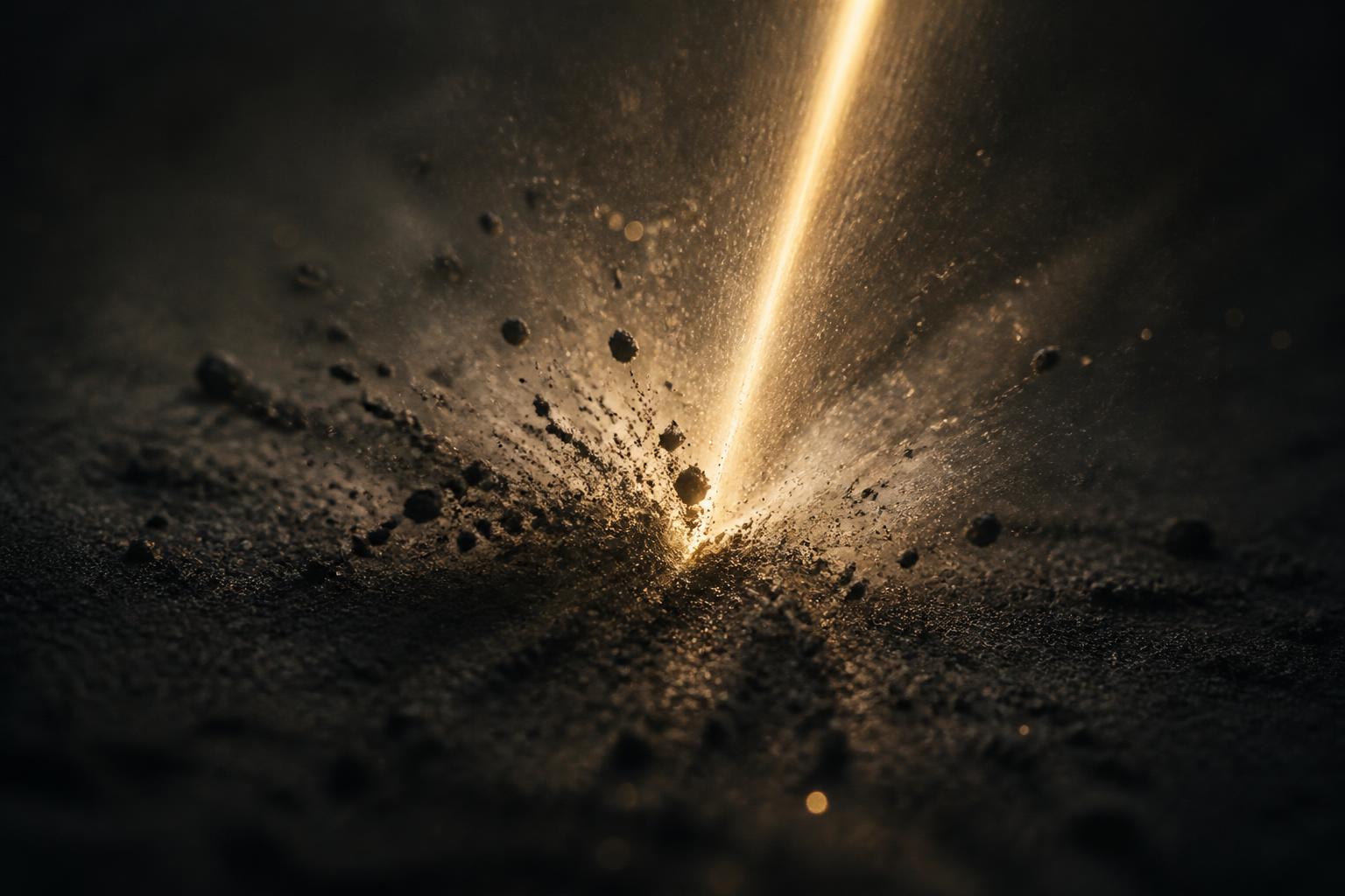 Abstract still life: a single pulse of light striking dark pigment and scattering the grains, standing in for Q-switched laser pigment treatment.