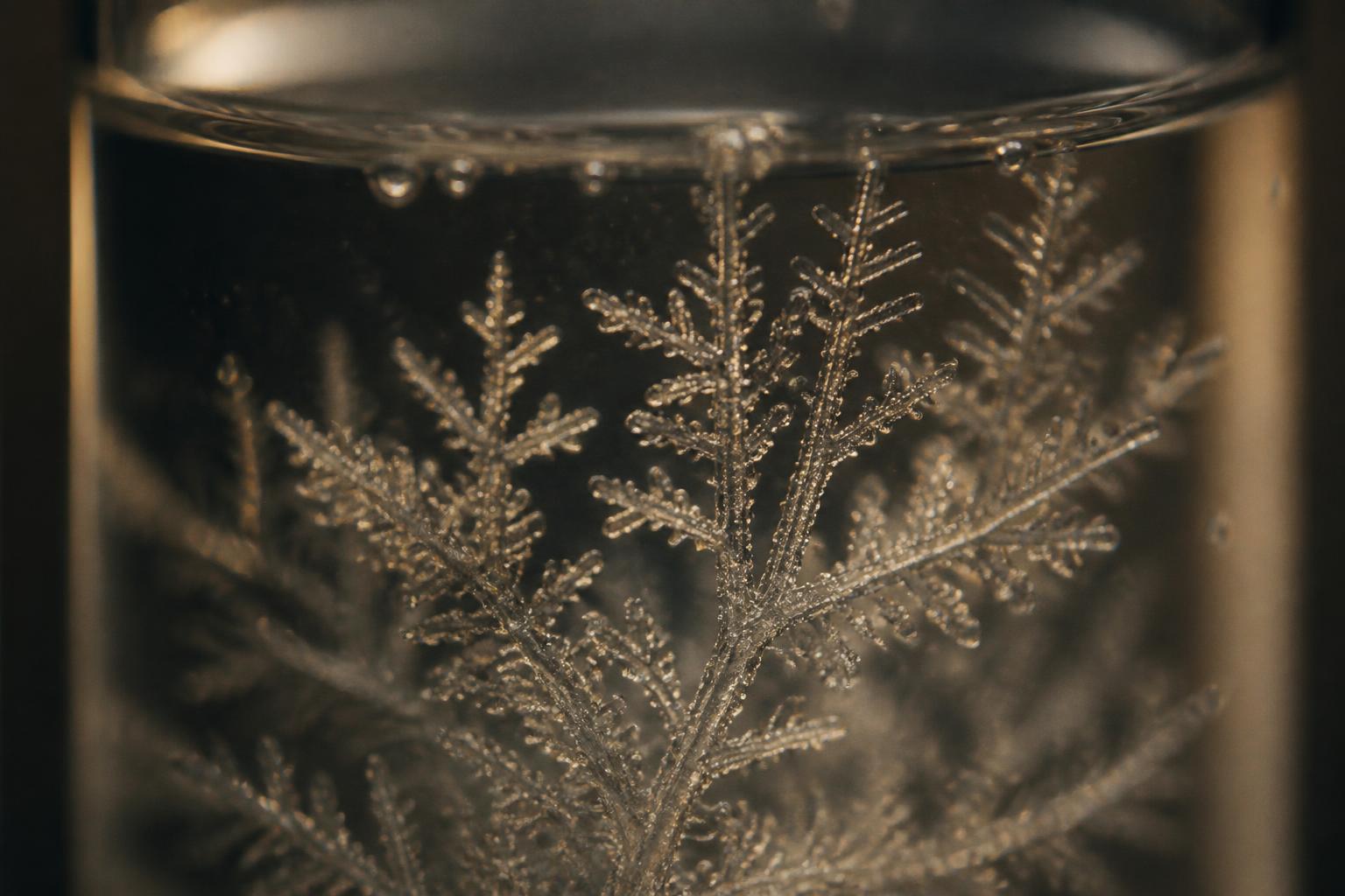Abstract macro still life: a crystalline lattice forming in clear medium, standing in for a collagen-stimulating injectable.