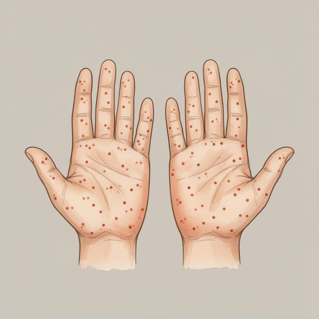Illustration of secondary syphilis rash on the palms - small symmetric reddish-brown copper-coloured spots.
