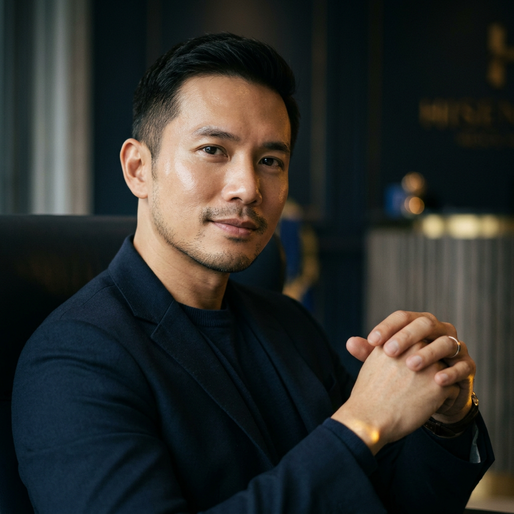 Refined Hisential portrait visual for men's skin rejuvenation
