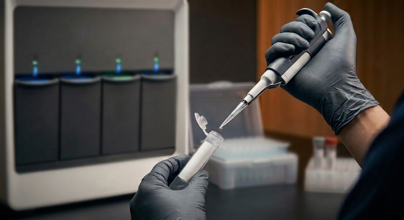 Gloved hands pipetting a sample into a labelled specimen tube beside a laboratory analyser