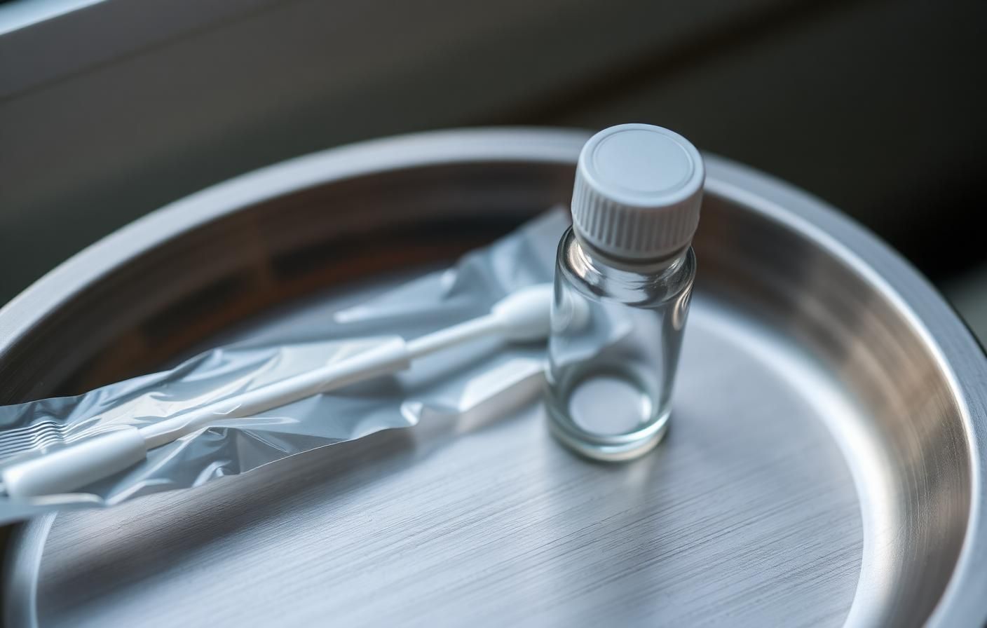 Sterile swab and sample vial on a brushed-steel tray - confidential STI testing at Hisential.