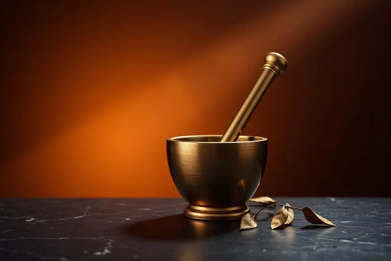 Gold mortar and pestle with brass leaves, representing natural remedies for erectile dysfunction