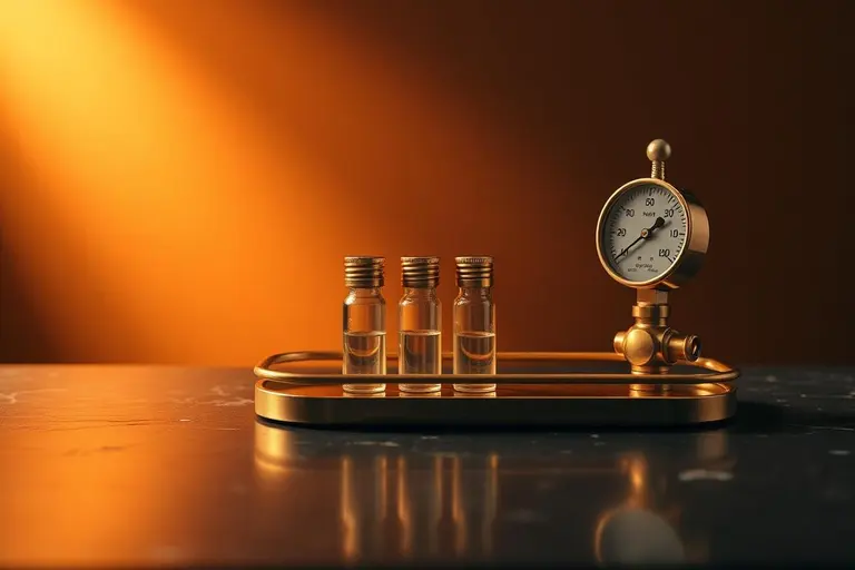 Brass laboratory vials and gauge on a gold tray, representing medical monitoring of testosterone therapy