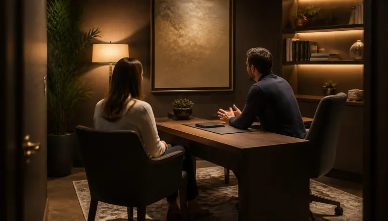 Two people talking across a desk in a quiet, warmly lit private consultation room