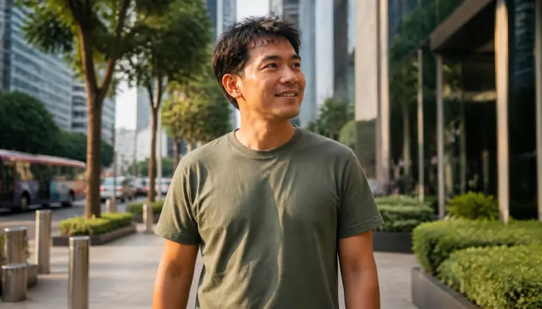 A man in his thirties walking along a bright, tree-lined Singapore street on an ordinary weekday