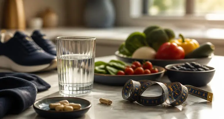 Kitchen counter with water, vegetables and a measuring tape, illustrating lifestyle care alongside weight loss medication